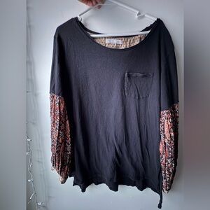 Free People Black Top with Floral Sleeves